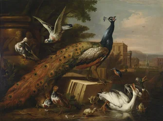 A Peacock Surrounded by Pigeons, Chickens, and Waterfowl in a Castle Park